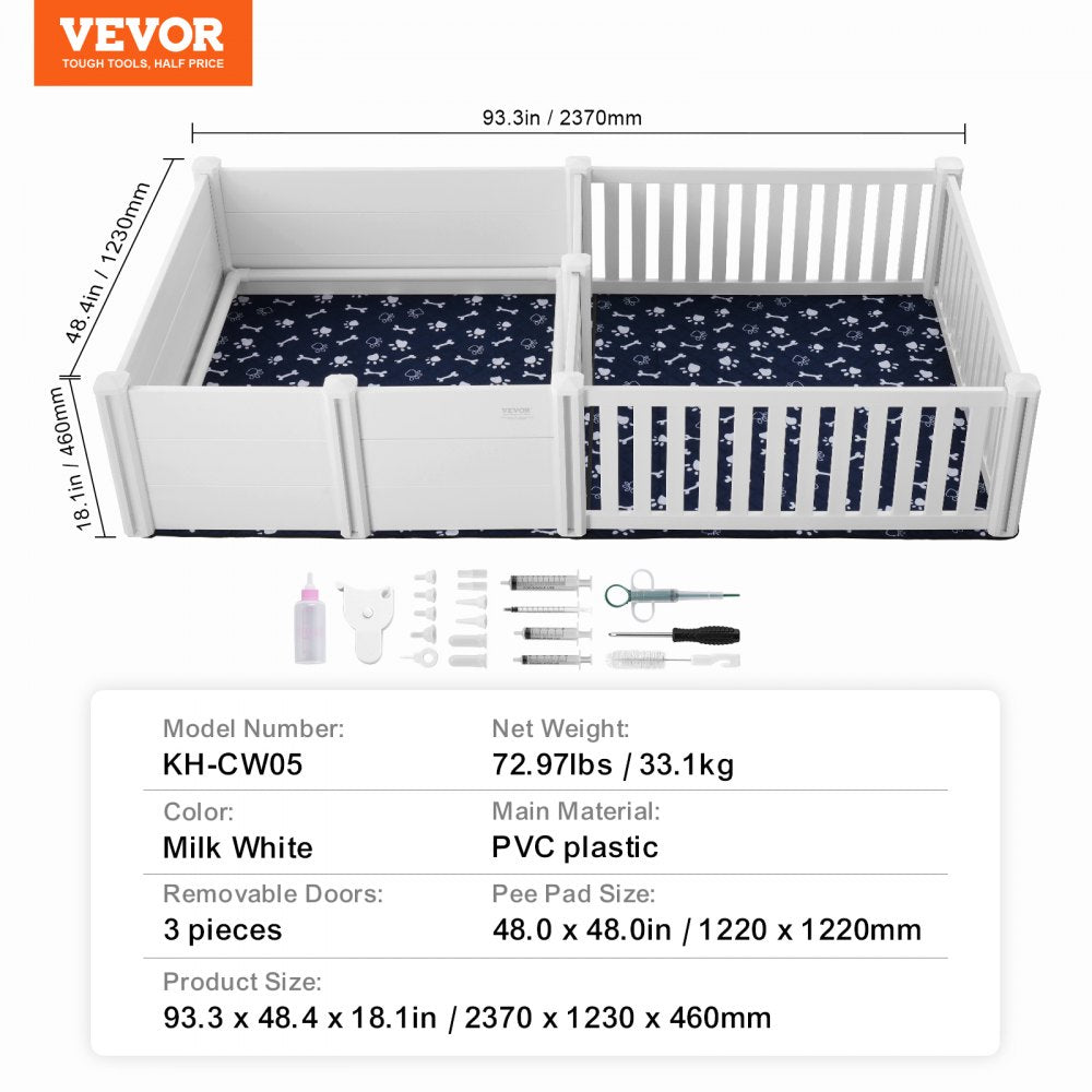 VEVOR Dog Whelping Box, 93.3 x 48.4 x 18.1in Dual Zone Whelping Box for Dogs and Puppies, Whelping Pen for Puppies, Dog Birthing Box with Rails, 2 Washable Pee Pads and 2 Storage Bags, White