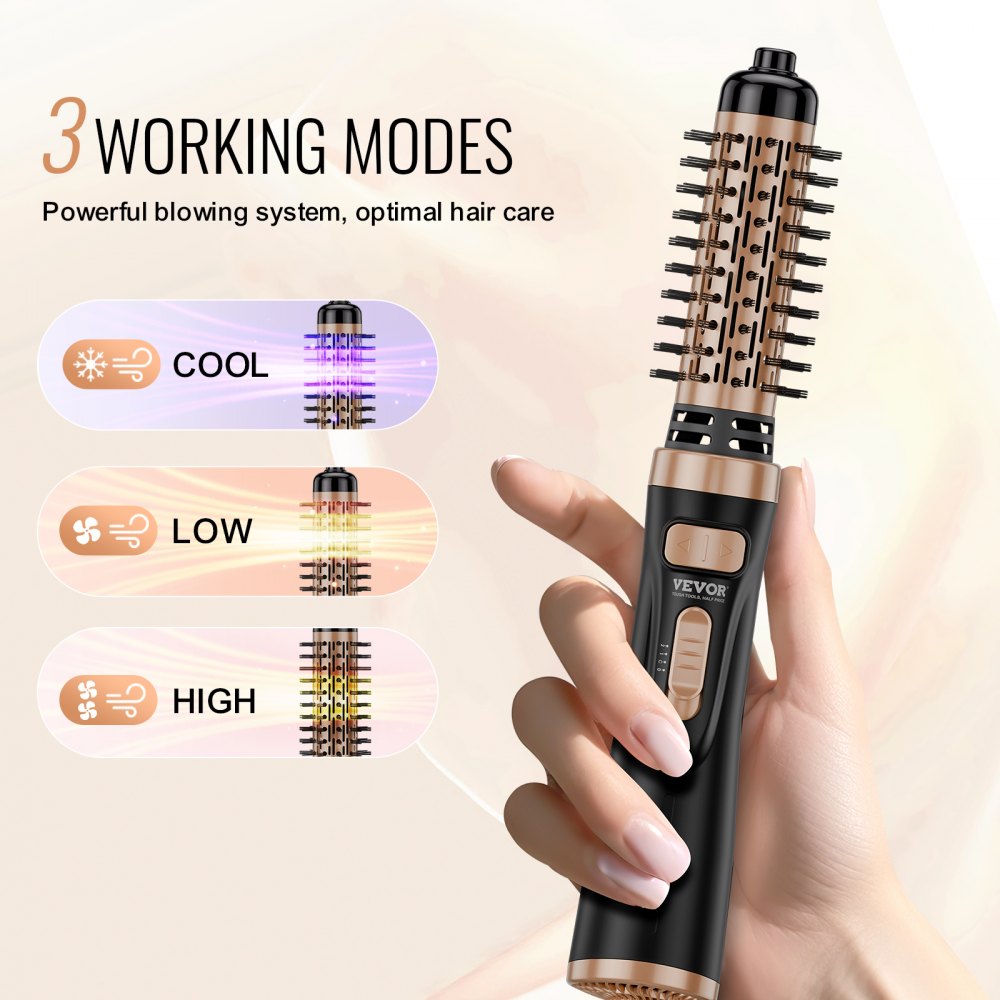 VEVOR Rotating Hair Dryer Brush, Ionic Hot Air Styling Brush with 1.5" and 2" Ceramic Coated Head, 4 in 1 Hair Dryer Styler and Volumizer, 3-Temp Blow Dryer Brush for Fast Drying Straightening Curling