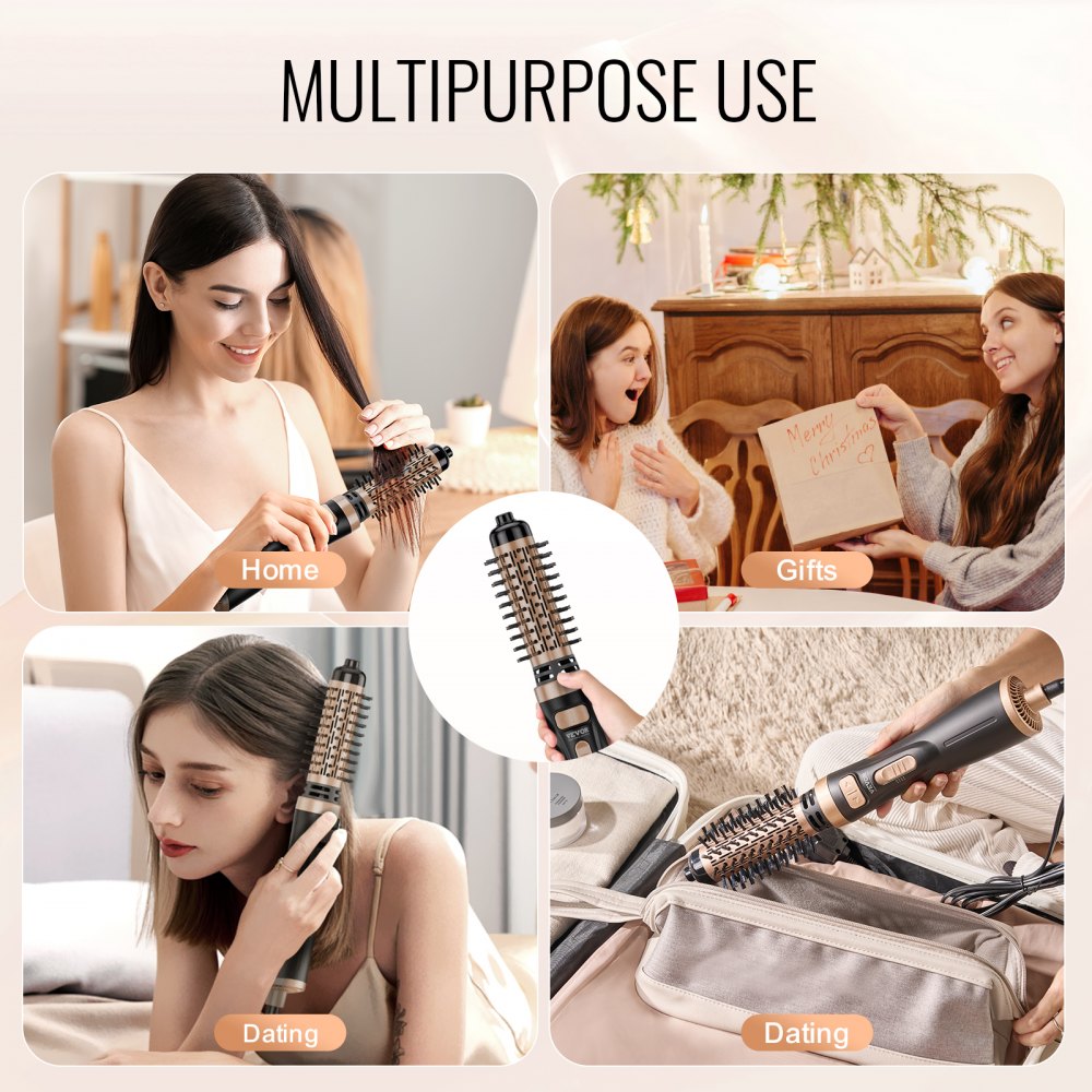 VEVOR Rotating Hair Dryer Brush, Ionic Hot Air Styling Brush with 1.5" and 2" Ceramic Coated Head, 4 in 1 Hair Dryer Styler and Volumizer, 3-Temp Blow Dryer Brush for Fast Drying Straightening Curling
