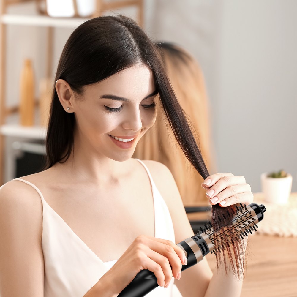 VEVOR Rotating Hair Dryer Brush, Ionic Hot Air Styling Brush with 1.5" and 2" Ceramic Coated Head, 4 in 1 Hair Dryer Styler and Volumizer, 3-Temp Blow Dryer Brush for Fast Drying Straightening Curling