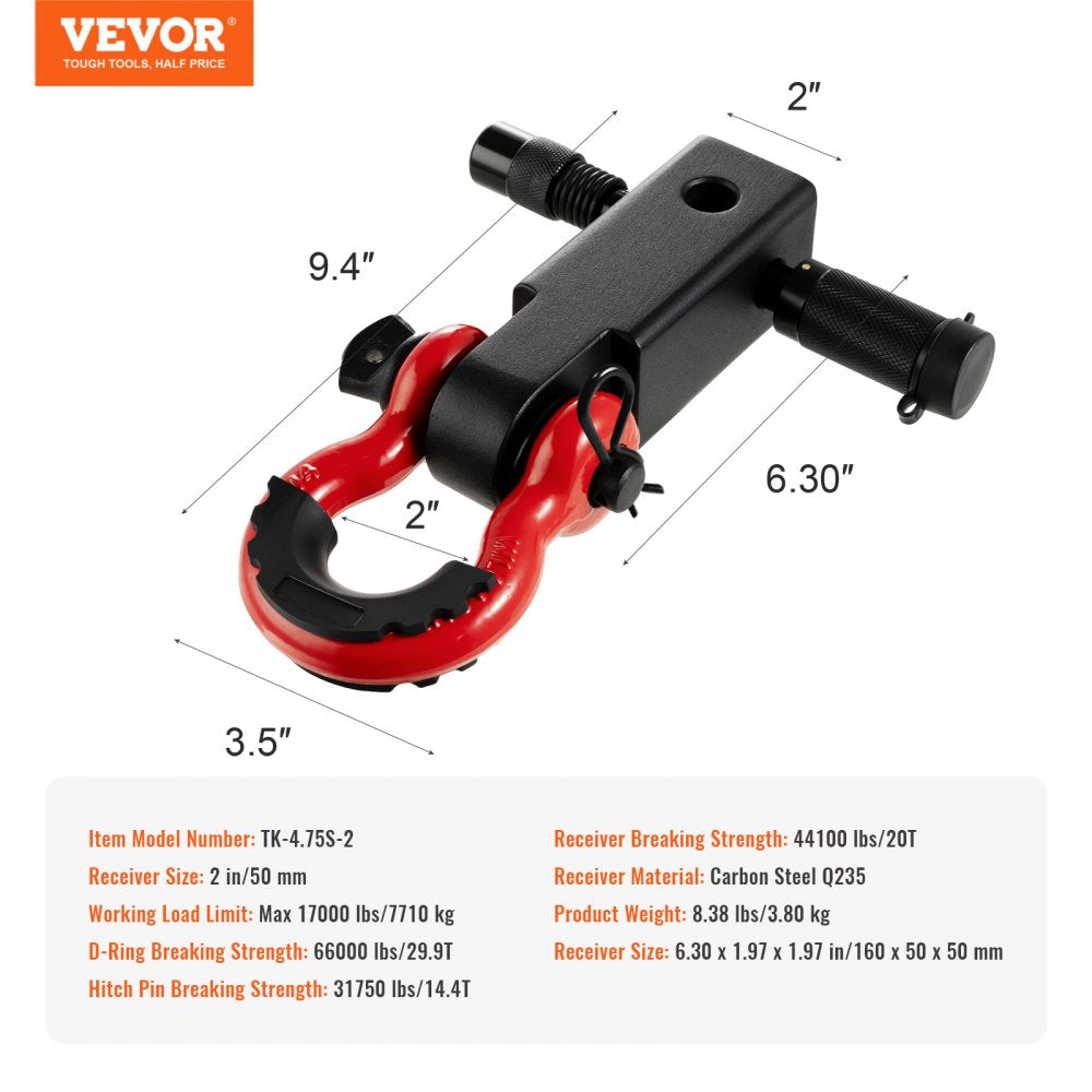 VEVOR Shackle Hitch Receiver, Fits 2" Receivers, 66000 lbs Breaking Strength, D Ring Shackle with Trailer Hitch Lock Pin, Heavy Duty Towing Accessories for Trucks, Jeeps, Off-Road Vehicle Recovery