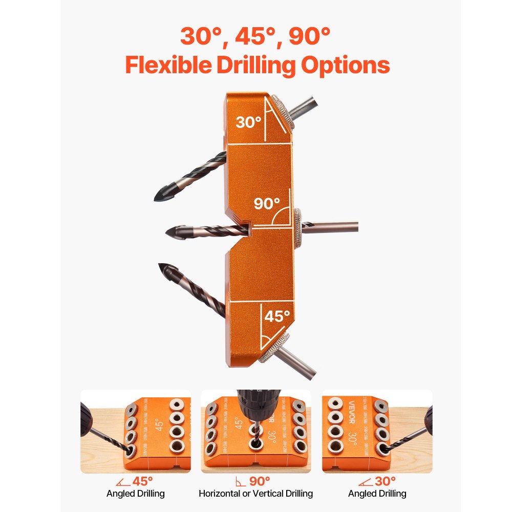 VEVOR Drill Guide, 30/ 45/ 90 Degree Angle 4 Sizes Portable Precision Drilling Guide Jig, for Drilling Angled or Horizontal Holes, Aluminum Alloy, for Deck Cable Railing Wood Post Stair Handrail