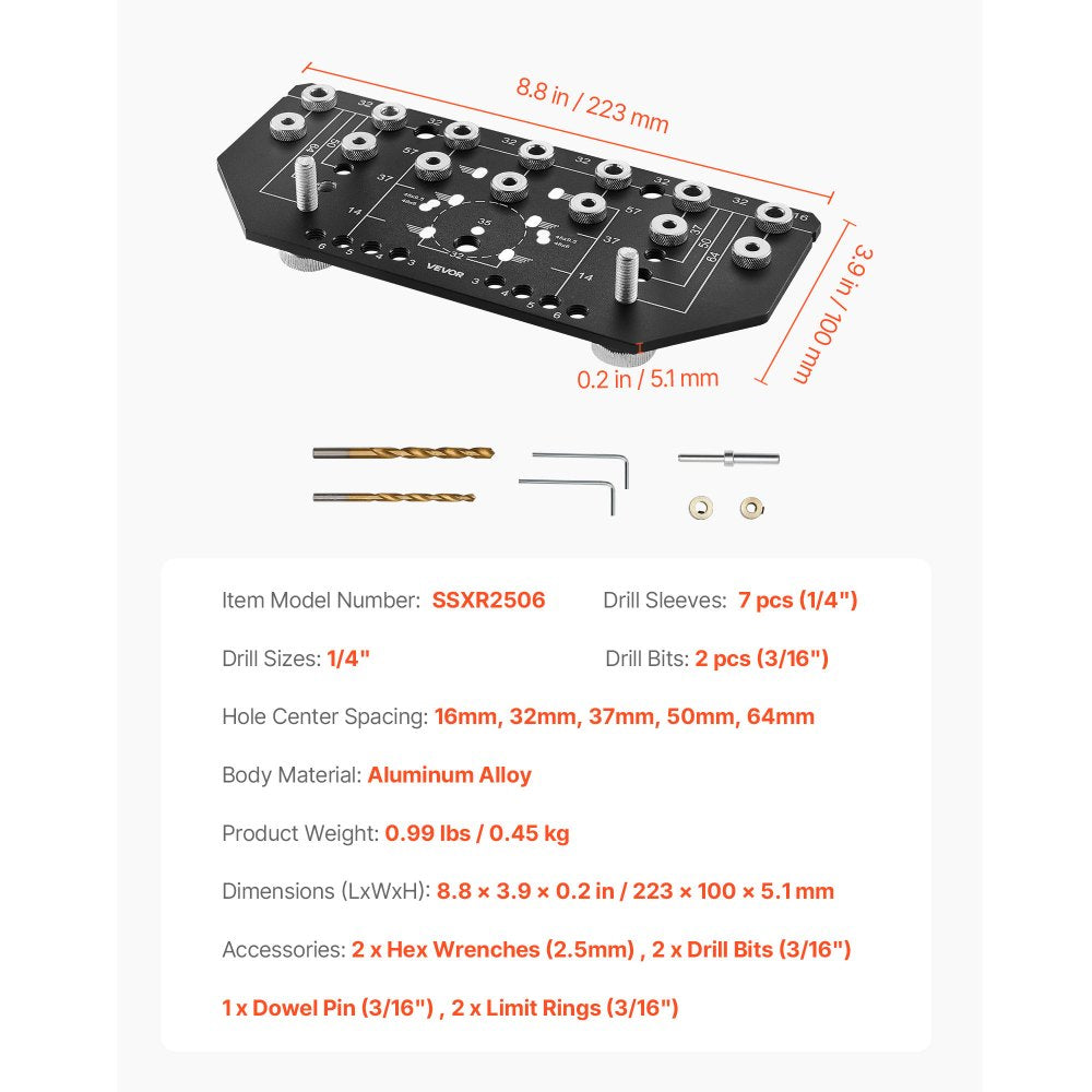 VEVOR Shelf Pin Jig and Hinge Jig Two-in-One, Aluminum Alloy Cabinet Hardware Hole Drilling Template with 1/4" and 3/16" Drill Bits, for Cabinet Doors Bookshelves Wardrobes Woodworking and DIY