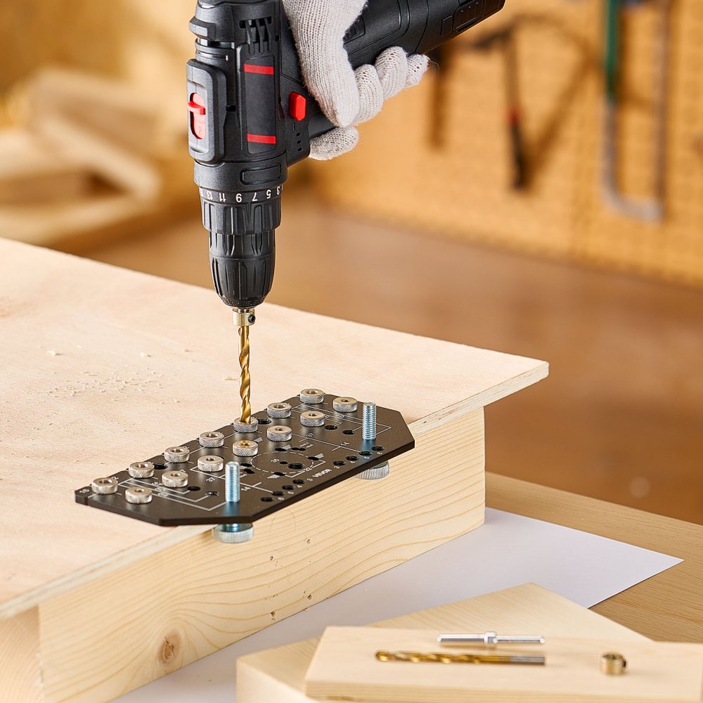 VEVOR Shelf Pin Jig and Hinge Jig Two-in-One, Aluminum Alloy Cabinet Hardware Hole Drilling Template with 1/4" and 3/16" Drill Bits, for Cabinet Doors Bookshelves Wardrobes Woodworking and DIY