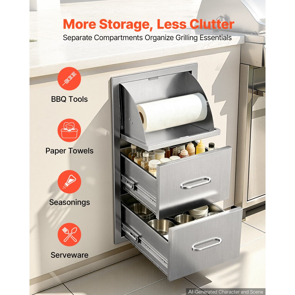 VEVOR Outdoor Kitchen Drawers, 30"W x 21"H x 16"D, Paper Towel Dispenser, for BBQ Island Storage, Patio Bars and Grill Station, with Handle, Built-In BBQ Island Drawers Organize Cookware Accessories