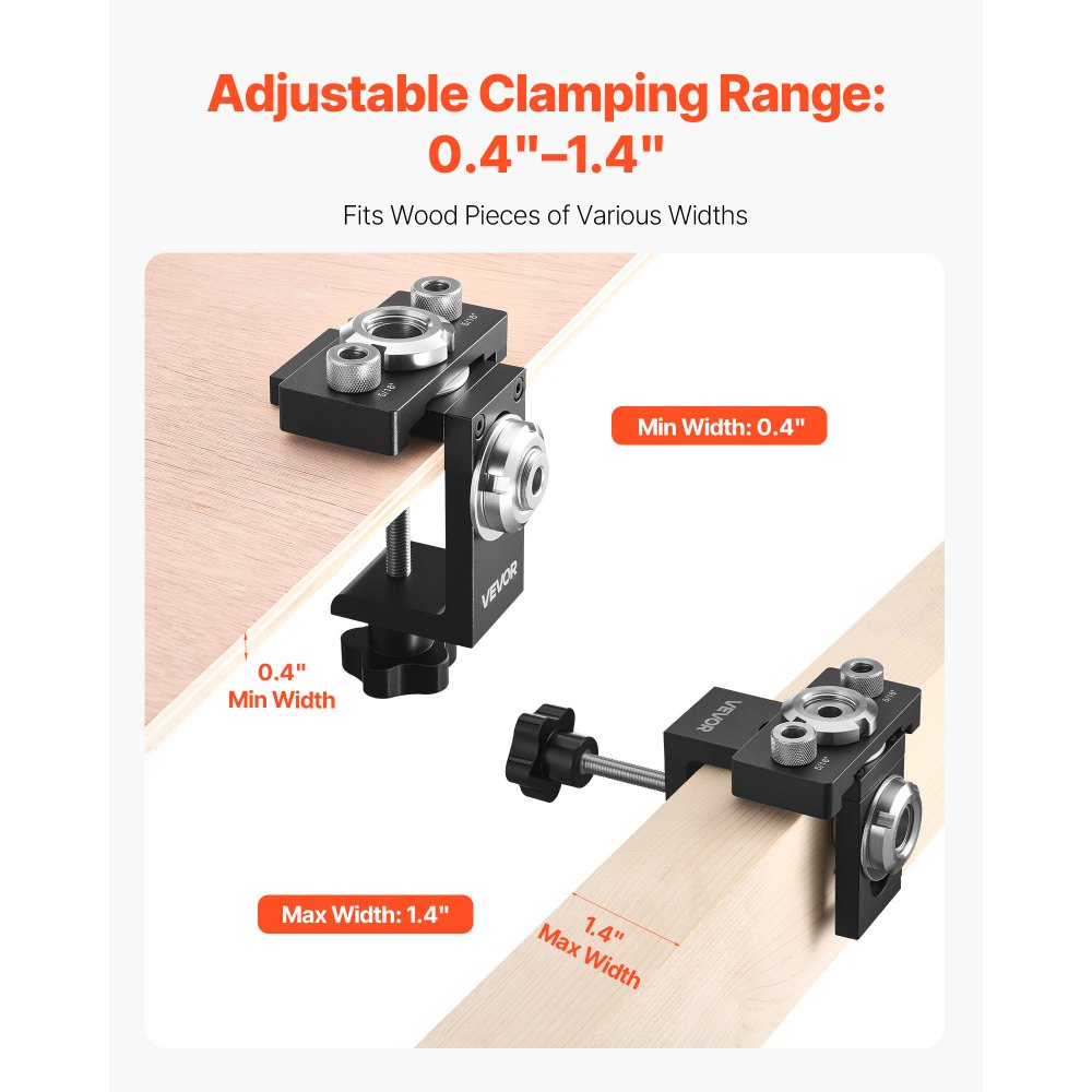 VEVOR Doweling Jig Kit, Self Centering Dowel Drill Jig for Straight Holes, Aluminum Alloy Woodworking Joints Tool with 3 Size Drill Bits 5/16", 3/8", and 19/32", Adjustable Width, for Wood Working
