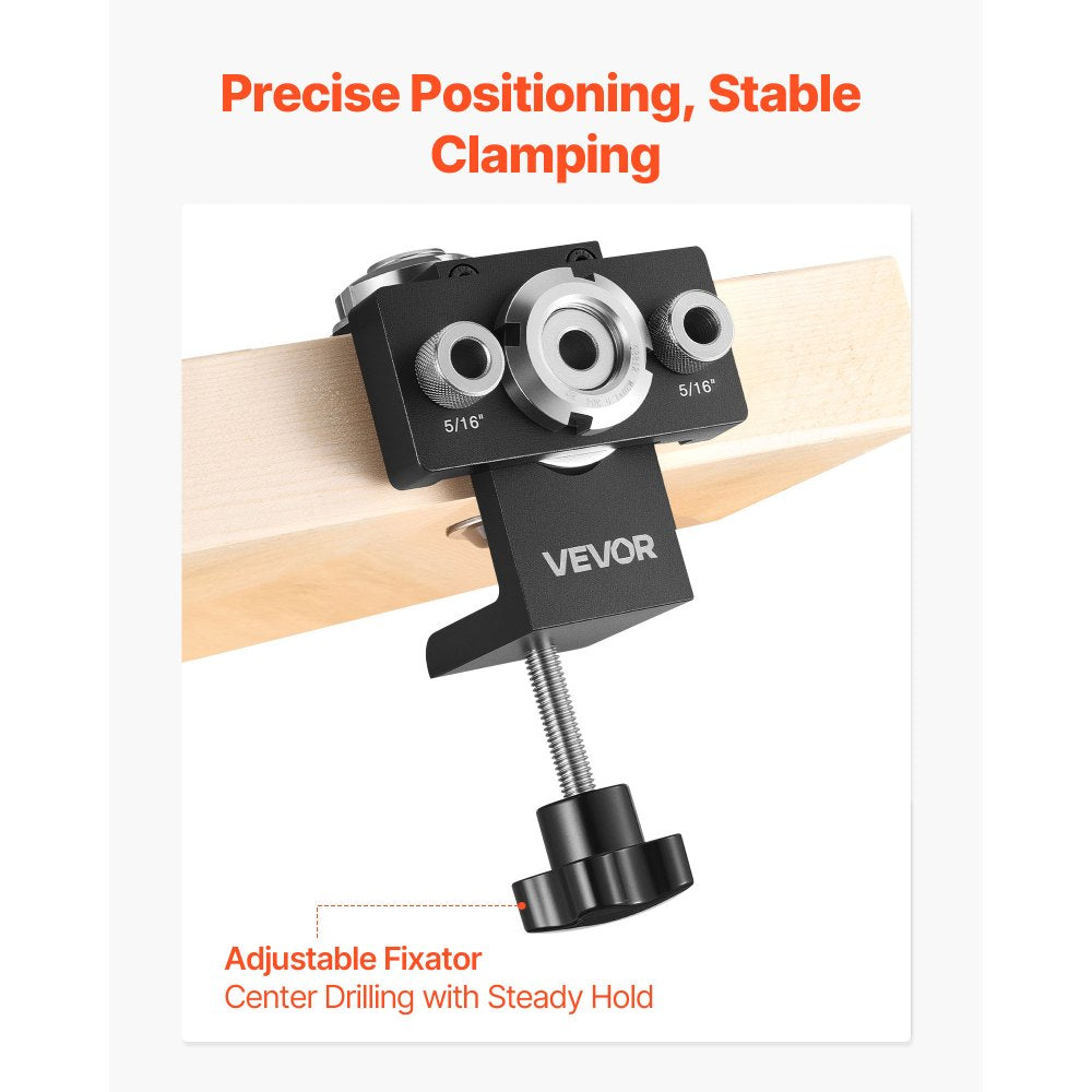 VEVOR Doweling Jig Kit, Self Centering Dowel Drill Jig for Straight Holes, Aluminum Alloy Woodworking Joints Tool with 3 Size Drill Bits 5/16", 3/8", and 19/32", Adjustable Width, for Wood Working