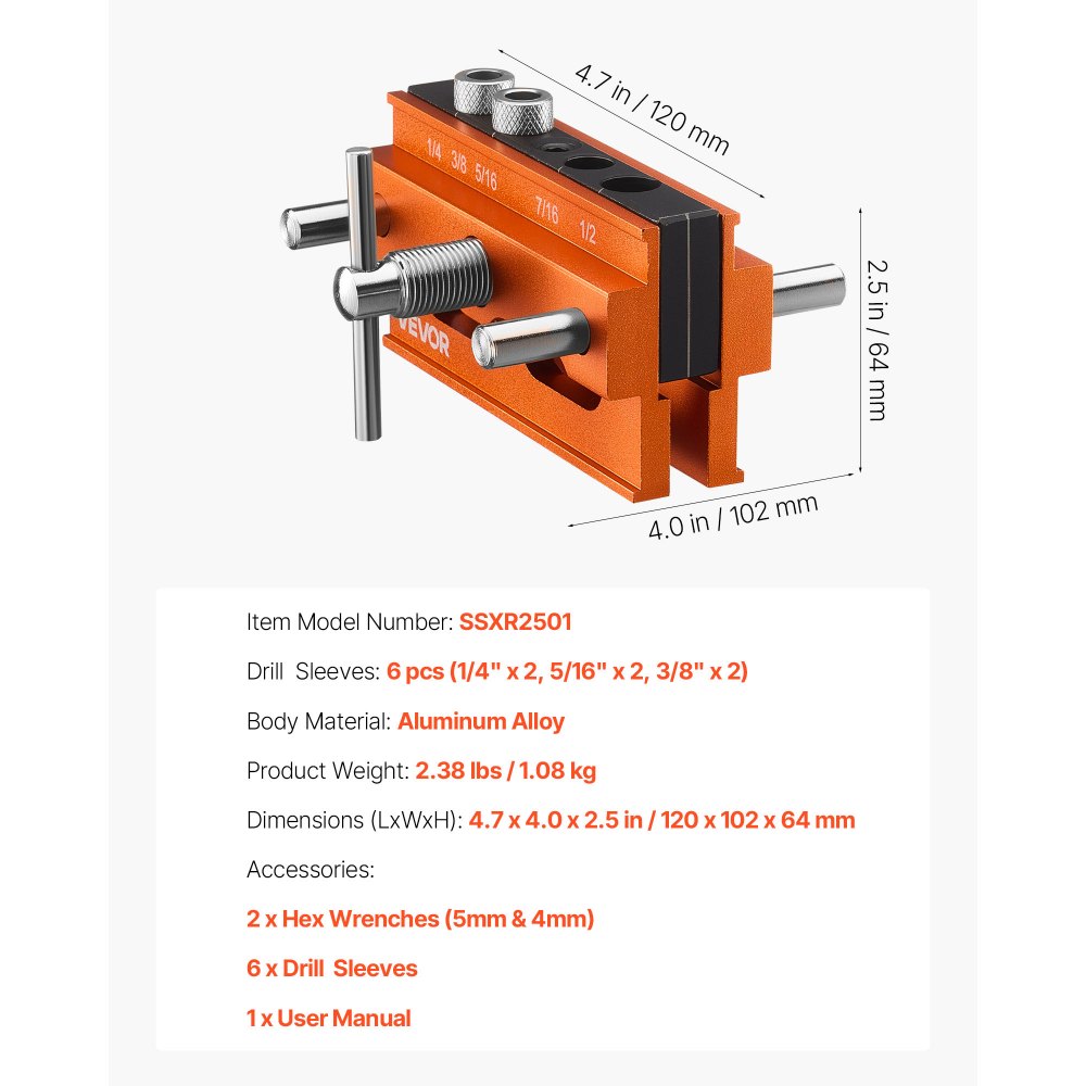 VEVOR Doweling Jig Kit, Self Centering Dowel Drill Jig for Straight Holes, Aluminum Alloy Woodworking Tools with 6 Drill Guide Bushings, Adjustable Width, for Wood Working, Drilling and Marking