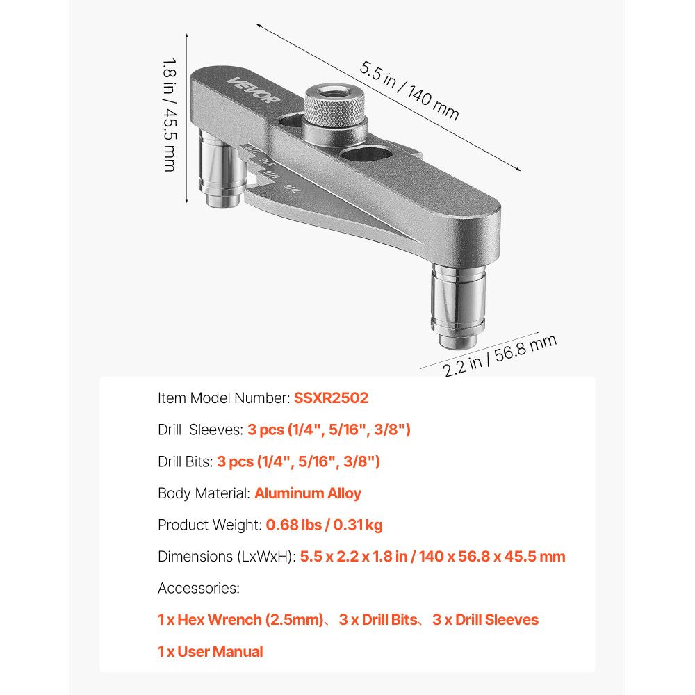 VEVOR Doweling Jig Kit, Self Centering Dowel Drill Jig for Straight Holes, with Drill Bit Set 1/4", 5/16", 3/8" and Drill Bit Stop Collar Set, Aluminum Alloy Woodworking Tools for Drilling, Marking