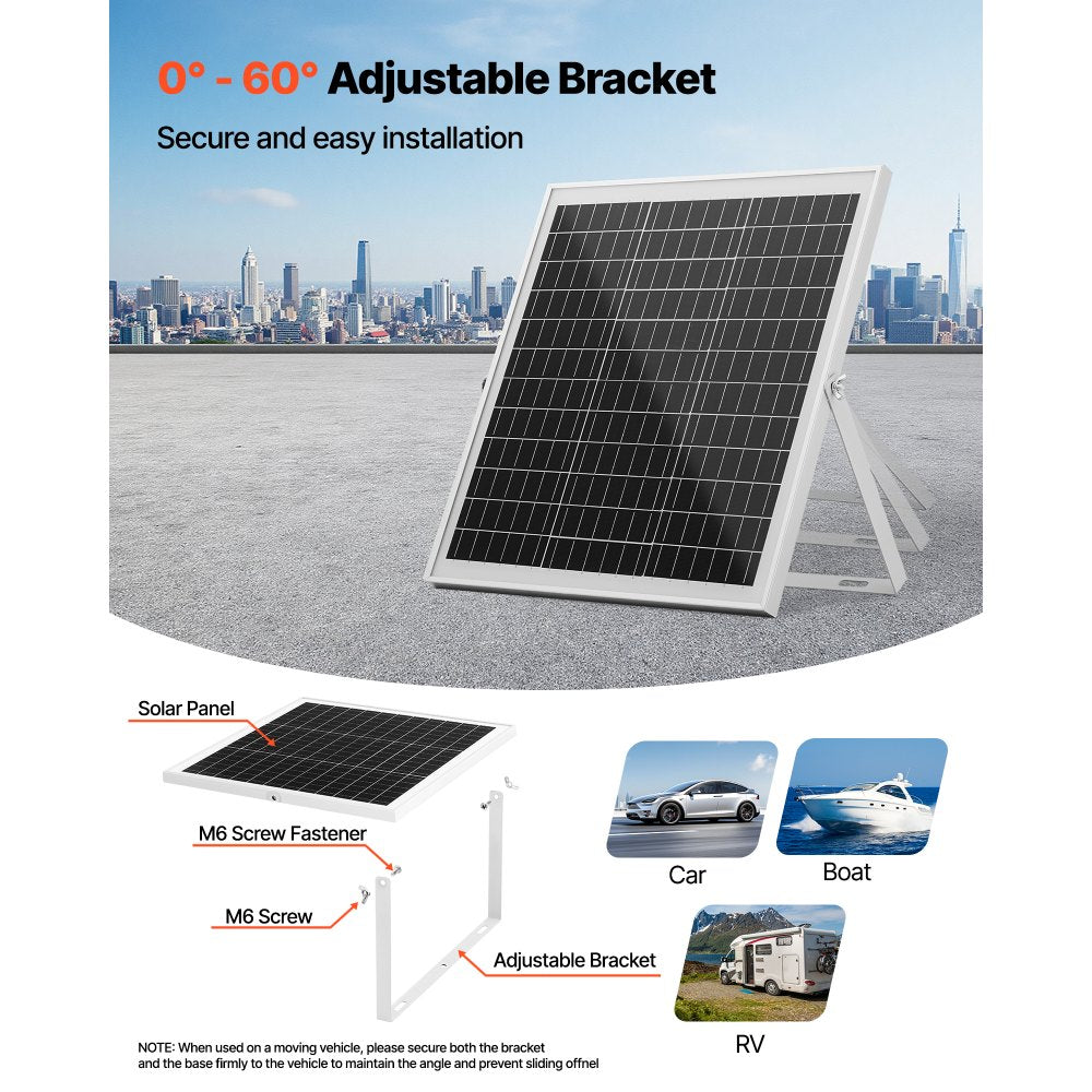 VEVOR 20W 12V Solar Panel Battery Charger, Solar Battery Trickle Charger Maintainer with Intelligent MPPT Controller & Adjustable Mount Bracket, IP67 Waterproof for Car Boat RV Motorcycle Trailer