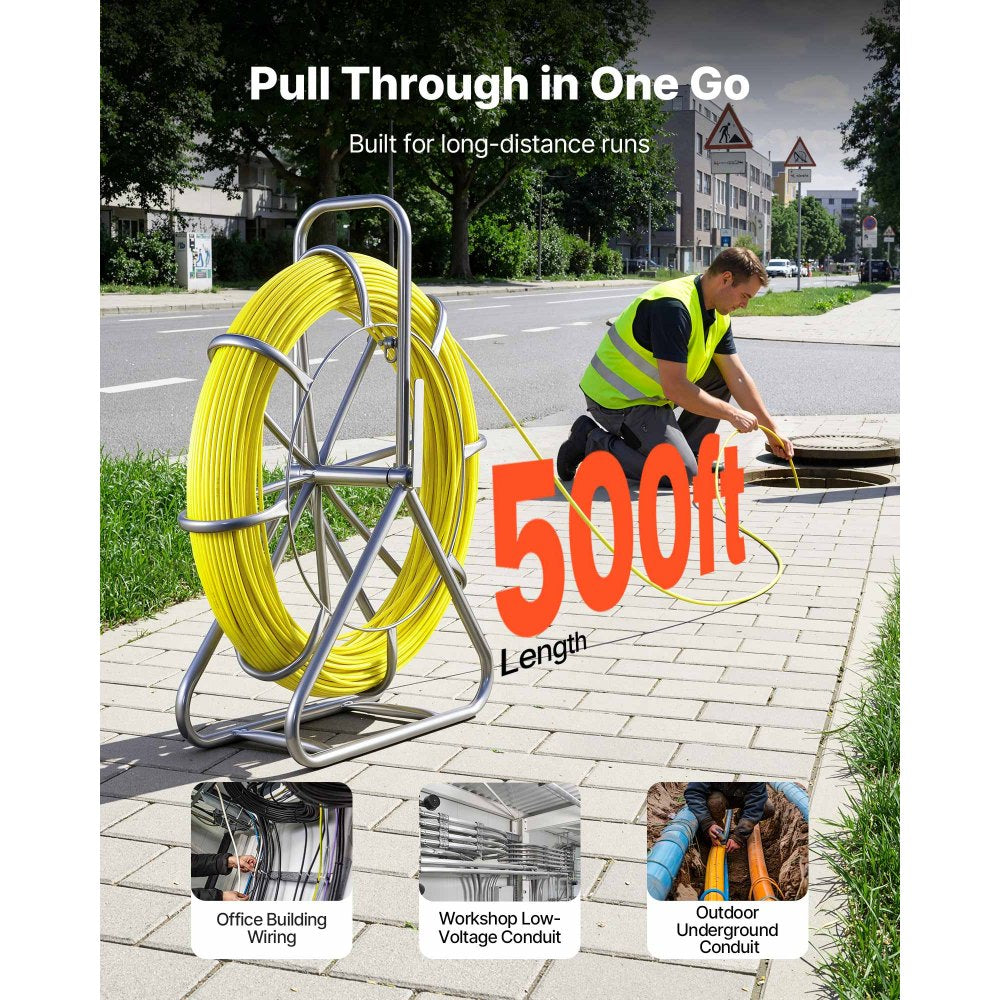 VEVOR Fish Tape Fiberglass, 500FT 6.3MM, Duct Rodder Fishtape Wire Puller with Stand, 1/4-Inch Cable Running Rod, Marked Every 5 Feet, Fishing Tools for Walls and Electrical Conduit, Non-Conductive