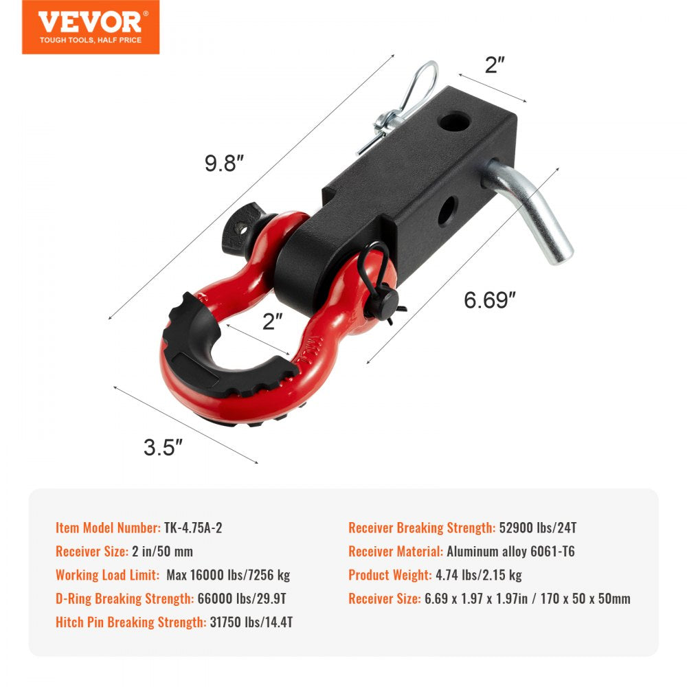 VEVOR Shackle Hitch Receiver 2", 66000 lbs Breaking Strength, D Ring Shackle with Trailer Hitch Lock Pin, Heavy Duty Towing Accessories for Trucks, Jeeps, Off-Road Vehicle Recovery, Aluminum Alloy