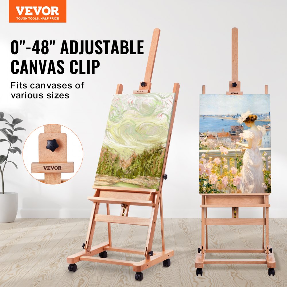 VEVOR Studio H-Frame Easel, Holds Canvas Art up to 48", Beechwood Artists Easel for Painting with Wheels and Large Storage Tray, 33 lbs Load Capacity Studio Easel, Adjustable Art Painting Easel