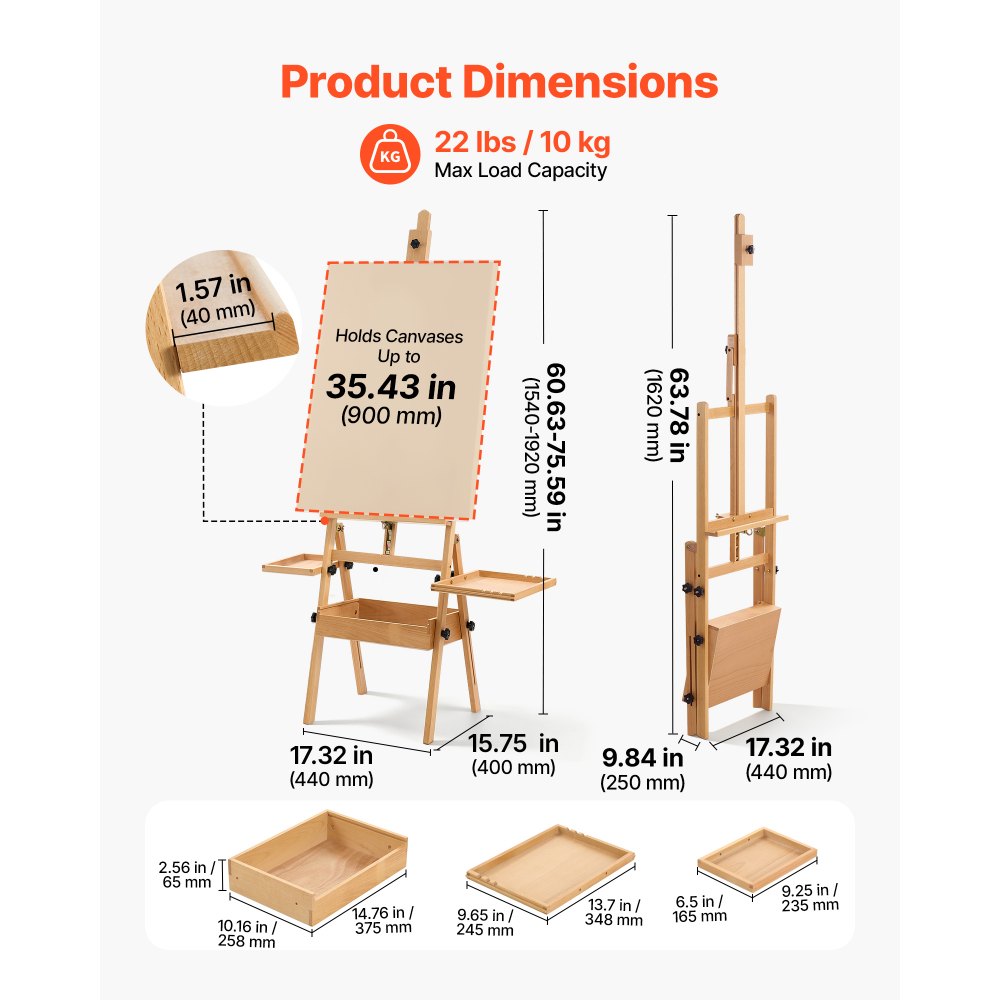 VEVOR Studio H-Frame Easel Holds Canvas Up to 35.43" Solid Beech Wood Frame, For Artists Painting, Adjustable Height & Angle, Multi-Function Wooden Art Easel with Storage Box & Trays, Natural Color