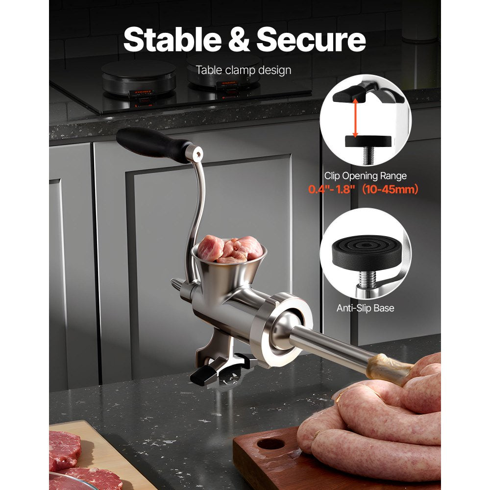VEVOR Manual Meat Grinder, 304 Stainless Steel Hand Crank Meat Mincer with Steel Table Clamp, Sausage Stuffer with 2 Cutting Plates & Sausage Tube, Food Grinder for Beef Chili Pork Kitchen Tabletop
