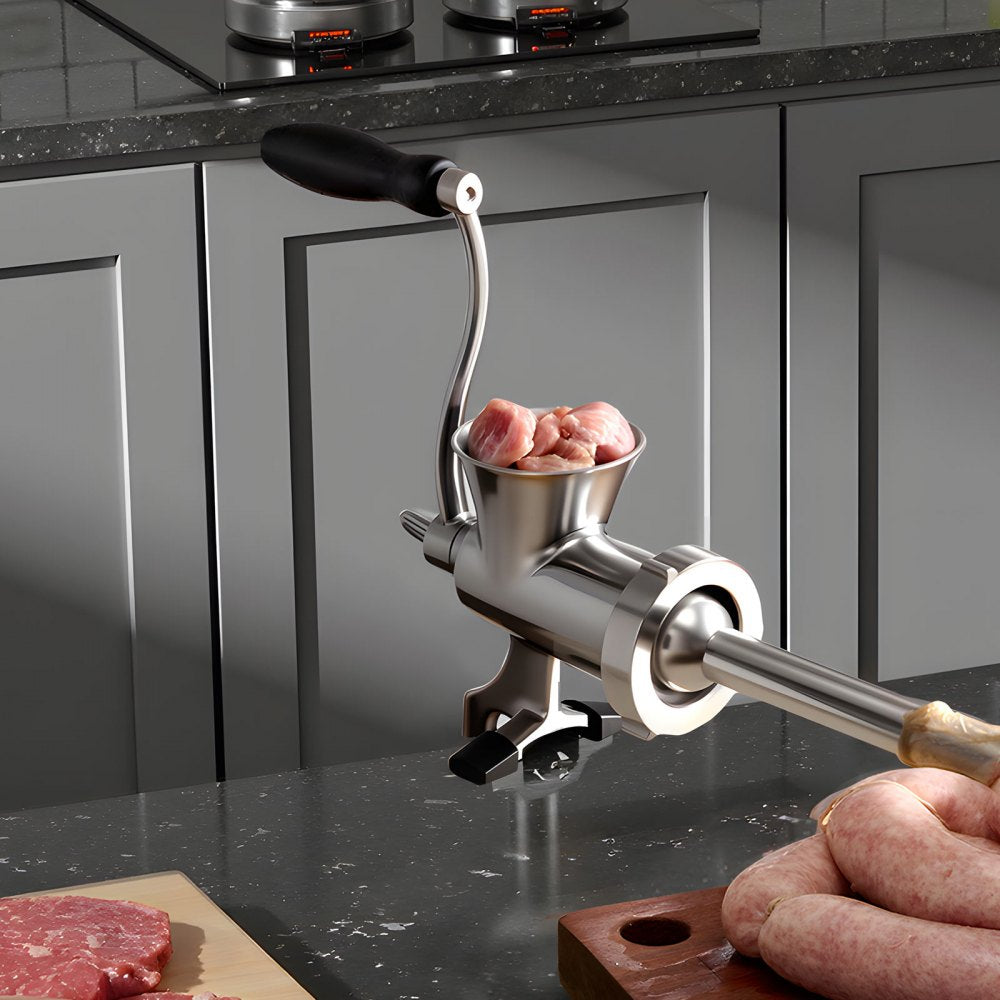 VEVOR Manual Meat Grinder, 304 Stainless Steel Hand Crank Meat Mincer with Steel Table Clamp, Sausage Stuffer with 2 Cutting Plates & Sausage Tube, Food Grinder for Beef Chili Pork Kitchen Tabletop