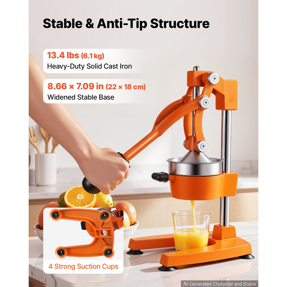 VEVOR Manual Citrus Juicer, 15" Tall Hand Press Orange Juicer, Manual Fresh Juice Extractor for Lemon Pomegranate Grapefruit, Heavy-Duty Cast Iron, Easy to Clean, Home & Commercial Use, Orange