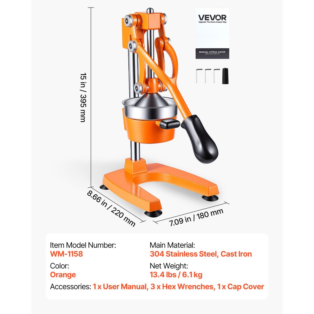 VEVOR Manual Citrus Juicer, 15" Tall Hand Press Orange Juicer, Manual Fresh Juice Extractor for Lemon Pomegranate Grapefruit, Heavy-Duty Cast Iron, Easy to Clean, Home & Commercial Use, Orange