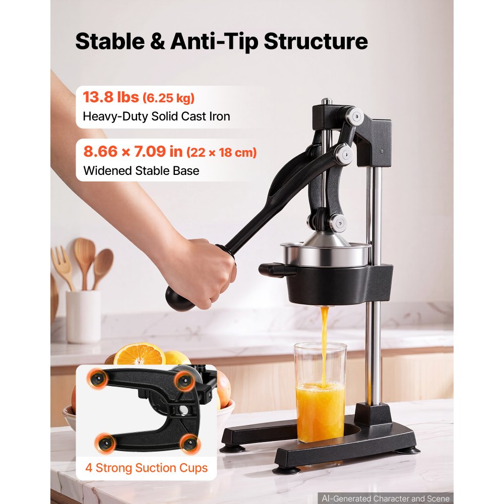 VEVOR Manual Citrus Juicer, 19" Tall Hand Press Oranges Juicer, Manual Fresh Juice Extractor for Lemon Pomegranate Grapefruit, Heavy-Duty Cast Iron, Easy to Clean, Home & Commercial Use, Black