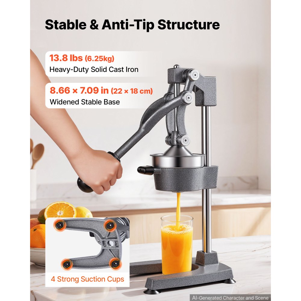 VEVOR Manual Citrus Juicer, 19" Tall Hand Press Orange Juicer, Manual Fresh Juice Extractor for Lemon Pomegranate Grapefruit, Heavy-Duty Cast Iron, Easy to Clean, Home & Commercial Use, Silver Gray