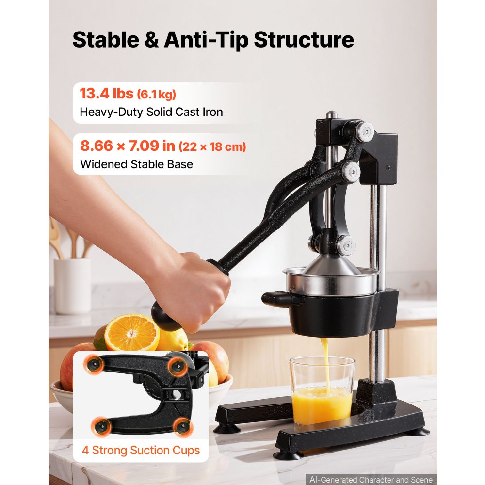 VEVOR Manual Citrus Juicer, 15" Tall Hand Press Oranges Juicer, Manual Fresh Juice Extractor for Lemon Pomegranate Grapefruit, Heavy-Duty Cast Iron, Easy to Clean, Home & Commercial Use, Black