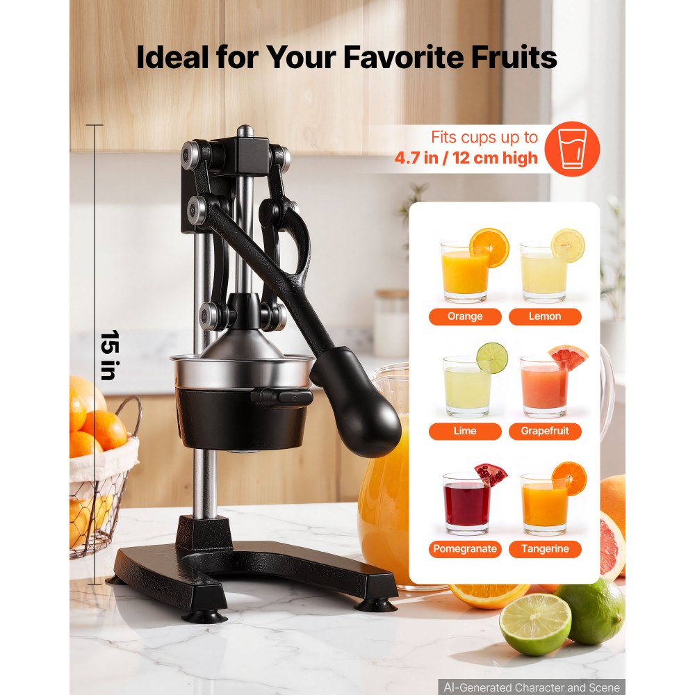 VEVOR Manual Citrus Juicer, 15" Tall Hand Press Oranges Juicer, Manual Fresh Juice Extractor for Lemon Pomegranate Grapefruit, Heavy-Duty Cast Iron, Easy to Clean, Home & Commercial Use, Black