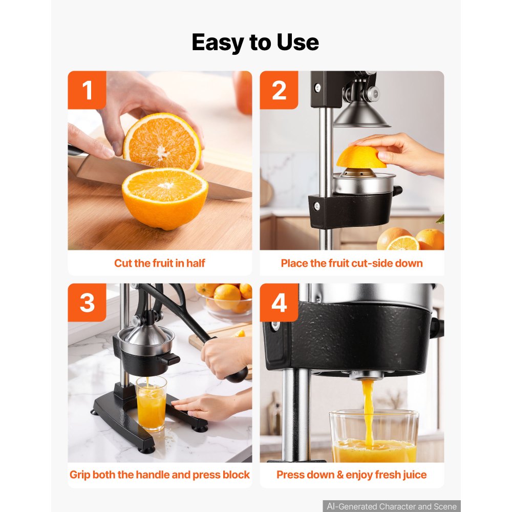 VEVOR Manual Citrus Juicer, 15" Tall Hand Press Oranges Juicer, Manual Fresh Juice Extractor for Lemon Pomegranate Grapefruit, Heavy-Duty Cast Iron, Easy to Clean, Home & Commercial Use, Black
