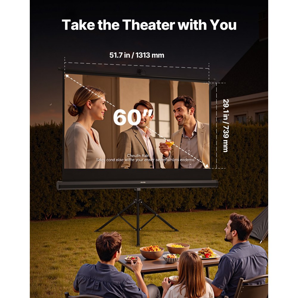 VEVOR Projector Screen with Stand, 60 Inch 160° Wide Angle Indoor Outdoor Projection Screen, 16:9 4K HD Wrinkleless Portable Tripod Screens with Carry Bag, for Movie Home Theater Office Presentation