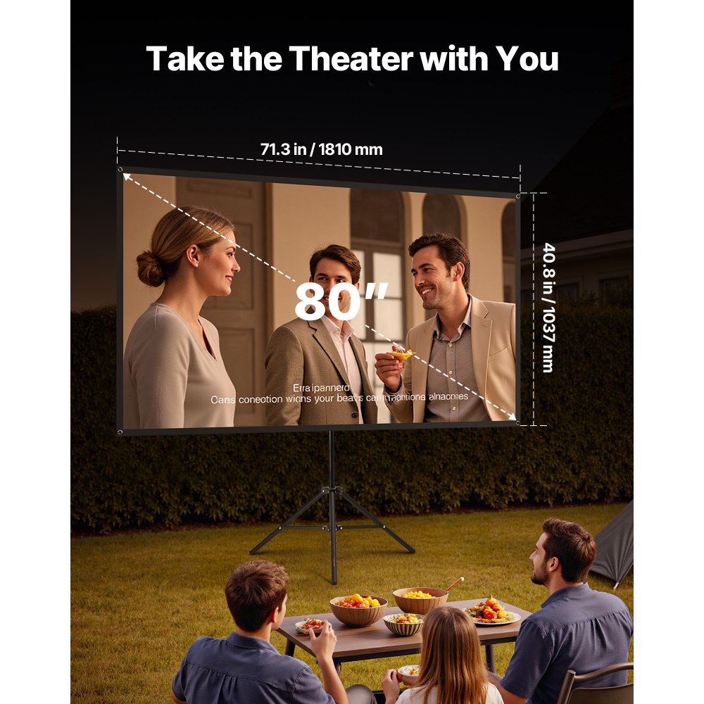 VEVOR Projector Screen with Stand, 80 Inch 160° Wide Angle Indoor Outdoor Projection Screen, 16:9 4K HD Wrinkleless Portable Tripod Screens with Carry Bag, for Movie Home Theater Office Presentation