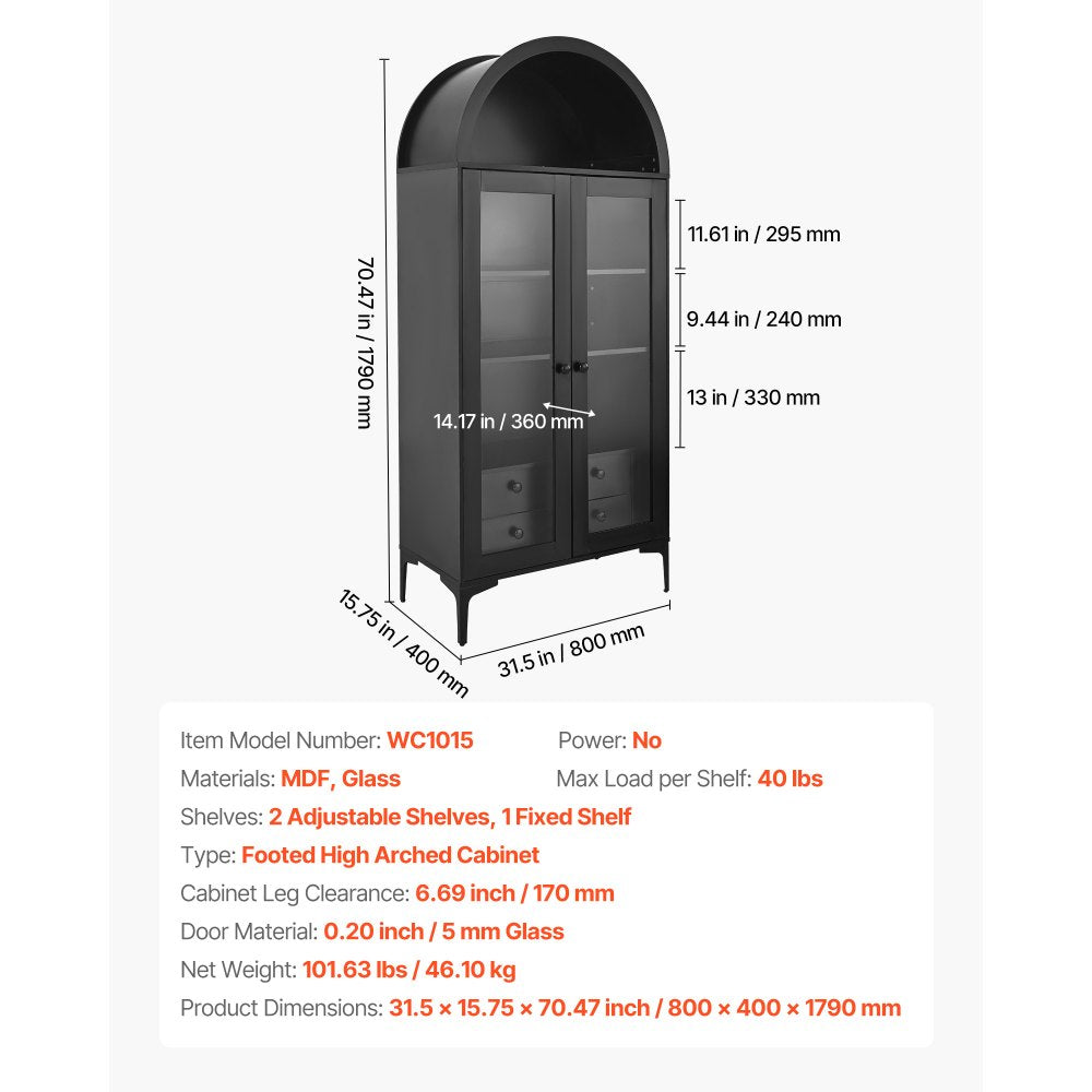 VEVOR arched display cabinet - detailed size diagram and product specs