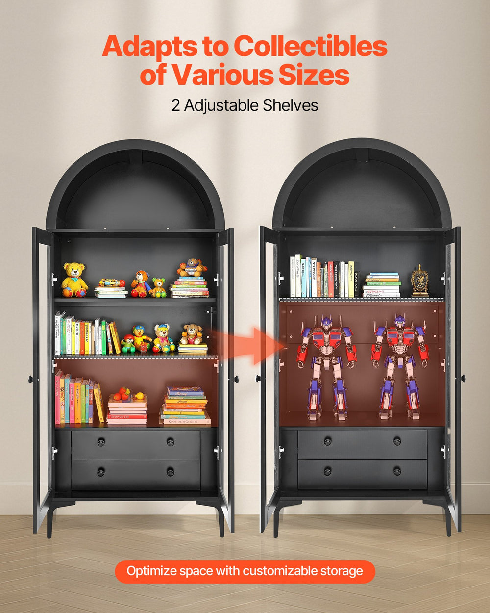 VEVOR arched display cabinet - adjustable shelves for collectibles of various sizes