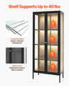 Shelf supports up to 40 lbs per shelf; tempered glass; steel frame (infographic)