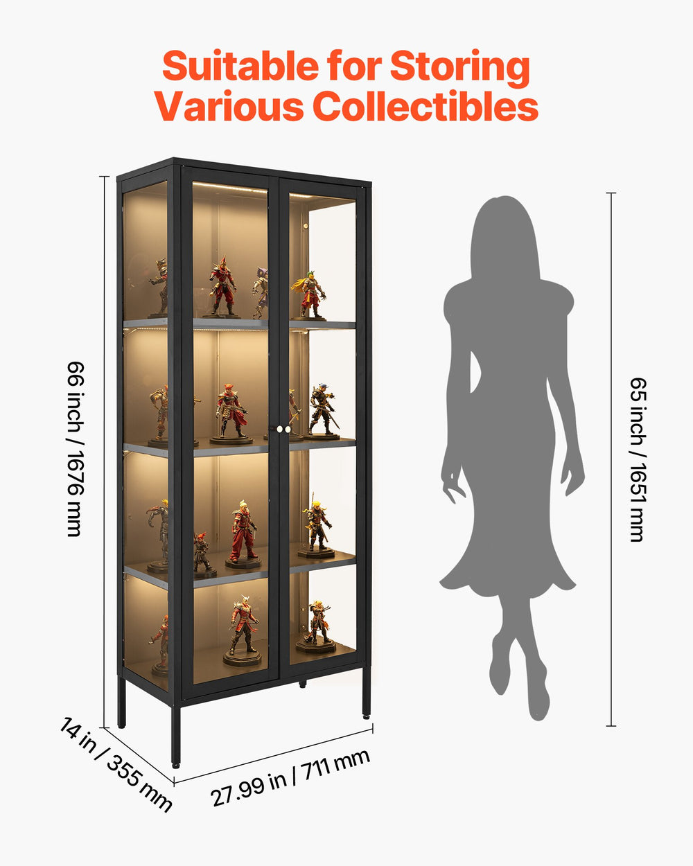 Display cabinet dimensions and capacity illustration (27.99 in W x 14 in D x 66 in H)