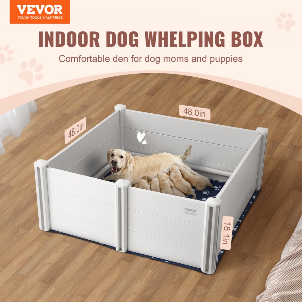 VEVOR Dog Whelping Box, 48 x 48 x 18.1in Whelping Box for Dogs and Puppies, Whelping Pen for Puppies, Dog Birthing Box with Rails and Washable Pee Pad, Whelping Box for Large Breed Dogs, White