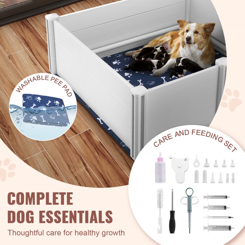 VEVOR Dog Whelping Box, 48 x 48 x 18.1in Whelping Box for Dogs and Puppies, Whelping Pen for Puppies, Dog Birthing Box with Rails and Washable Pee Pad, Whelping Box for Large Breed Dogs, White