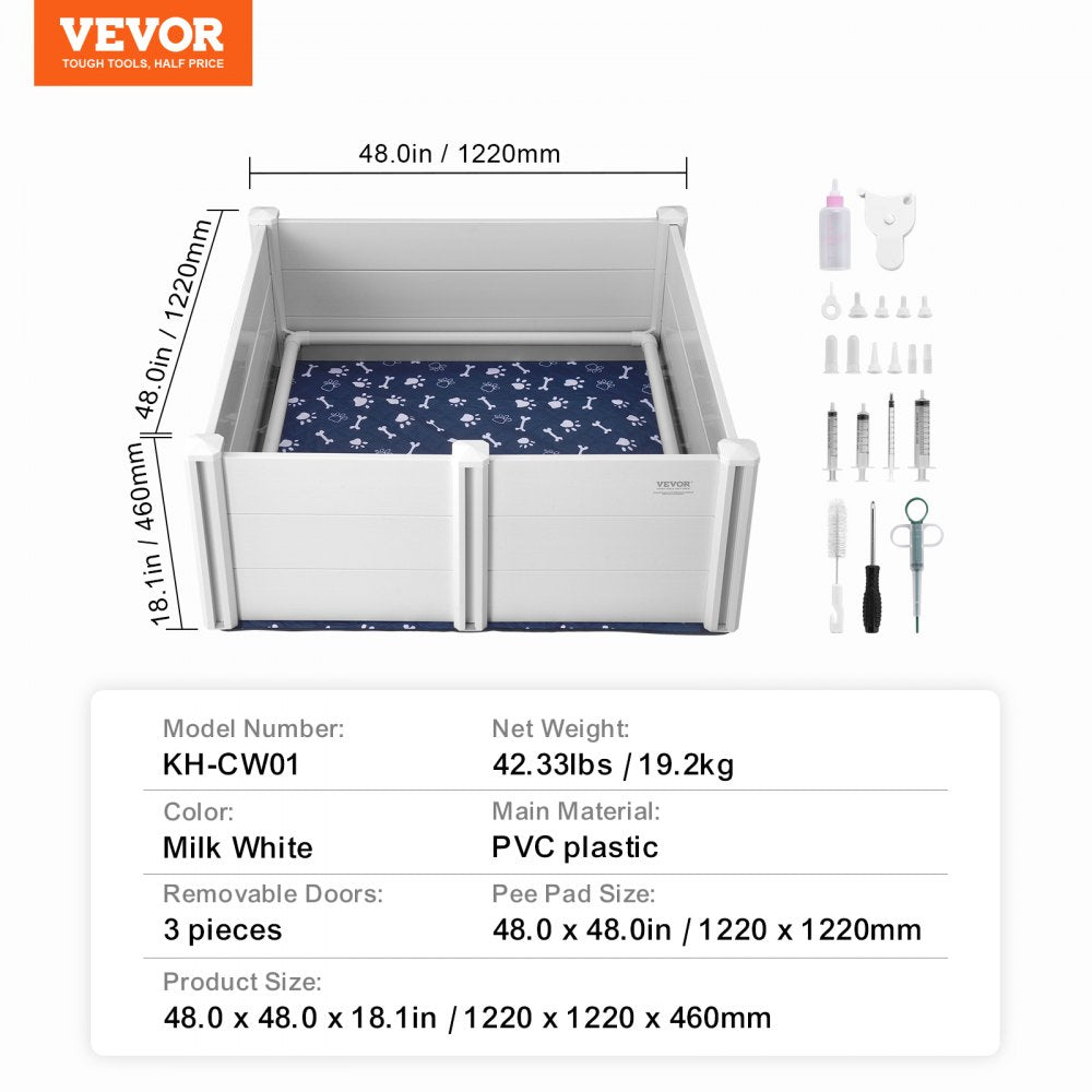 VEVOR Dog Whelping Box, 48 x 48 x 18.1in Whelping Box for Dogs and Puppies, Whelping Pen for Puppies, Dog Birthing Box with Rails and Washable Pee Pad, Whelping Box for Large Breed Dogs, White