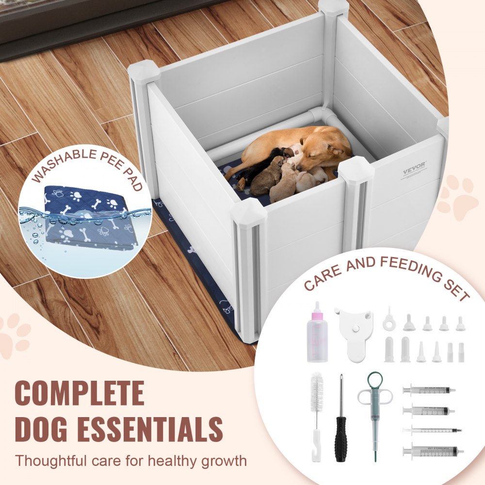 VEVOR Dog Whelping Box, 28.3 x 28.3 x 18.1in Whelping Box for Dogs and Puppies, Whelping Pen for Puppies, Dog Birthing Box with Rails and Washable Pee Pad, Whelping Box for Small Breed Dogs, White