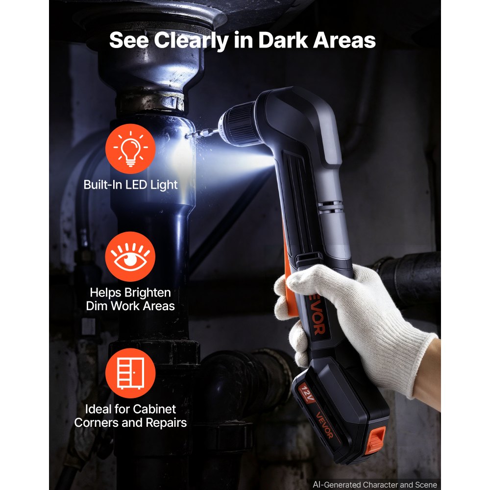 VEVOR Right Angle Drill 3/8 Inch Chuck 90 Degree Cordless Right Angle Drill, For Cabinets, Corners, Frames, Tight Spaces, Handles Both Wood and Metal Drilling, LED Lighting, with 2 Batteries and Charger