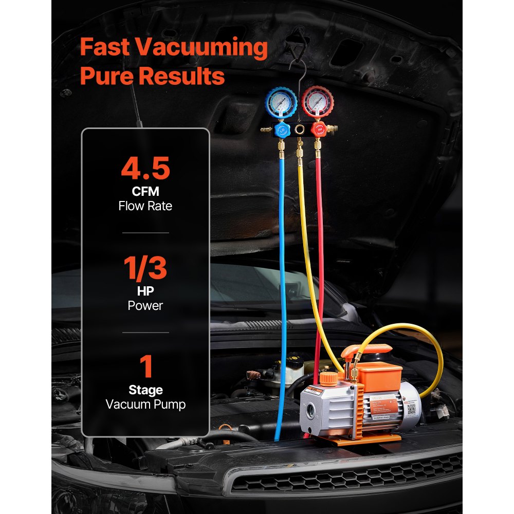 VEVOR AC Vacuum Pump and Gauge Set, 4.5 CFM 1/3 HP, Single Stage Rotary Vane HVAC Vacuum Pump, A/C Manifold Gauge Kit, for R134a R22 R410a R1234YF R32, with Carry Bag, for Auto HVAC Air Conditioning