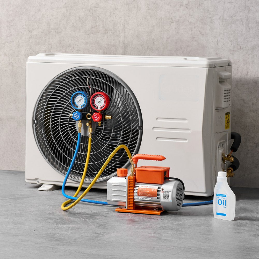 VEVOR AC Vacuum Pump and Gauge Set, 4.5 CFM 1/3 HP, Single Stage Rotary Vane HVAC Vacuum Pump, A/C Manifold Gauge Kit, for R134a R22 R410a R1234YF R32, with Carry Bag, for Auto HVAC Air Conditioning