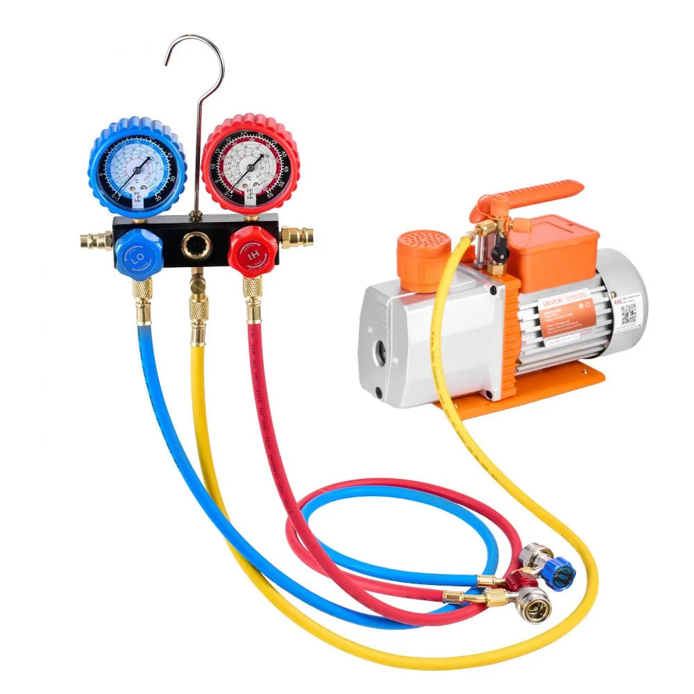 VEVOR AC Vacuum Pump and Gauge Set, 7 CFM 3/4 HP, Two Stage Rotary Vane HVAC Vacuum Pump, A/C Manifold Gauge Kit, for R134a R22 R410a, with Leak Detector Carry Bag Hose, for Auto HVAC Air Conditioning