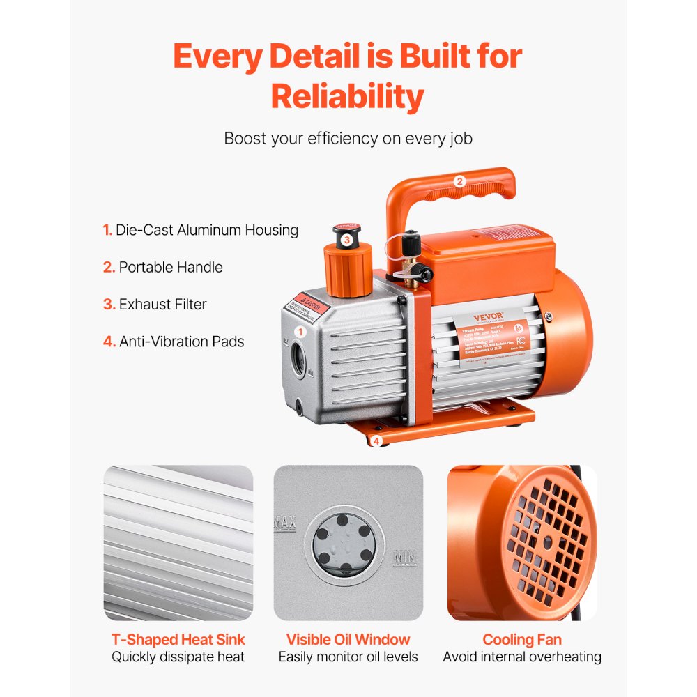 VEVOR Vacuum Pump, 5 CFM, HVAC Single Stage Rotary Vane Vacuum Pump, for R134a R22 R410a Systems, Auto AC Vacuum Pump Kit with Oil Bottle, for Automotive Air Conditioner Maintenance Resin Degassing