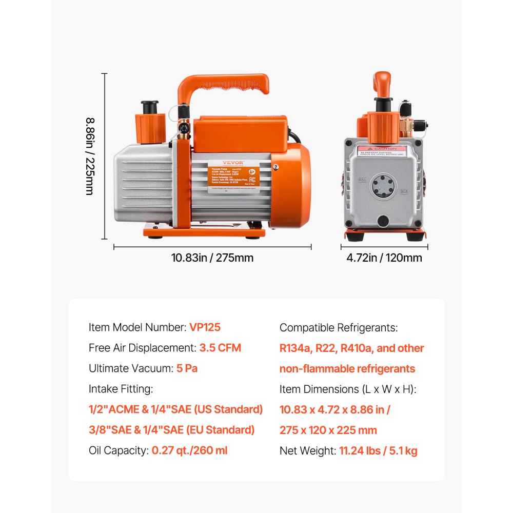 VEVOR Vacuum Pump, 3.5 CFM, HVAC Single Stage Rotary Vane Vacuum Pump, for R134a R22 R410a Systems, Auto AC Vacuum Pump Kit with Oil Bottle, for Automotive Air Conditioner Maintenance Resin Degassing
