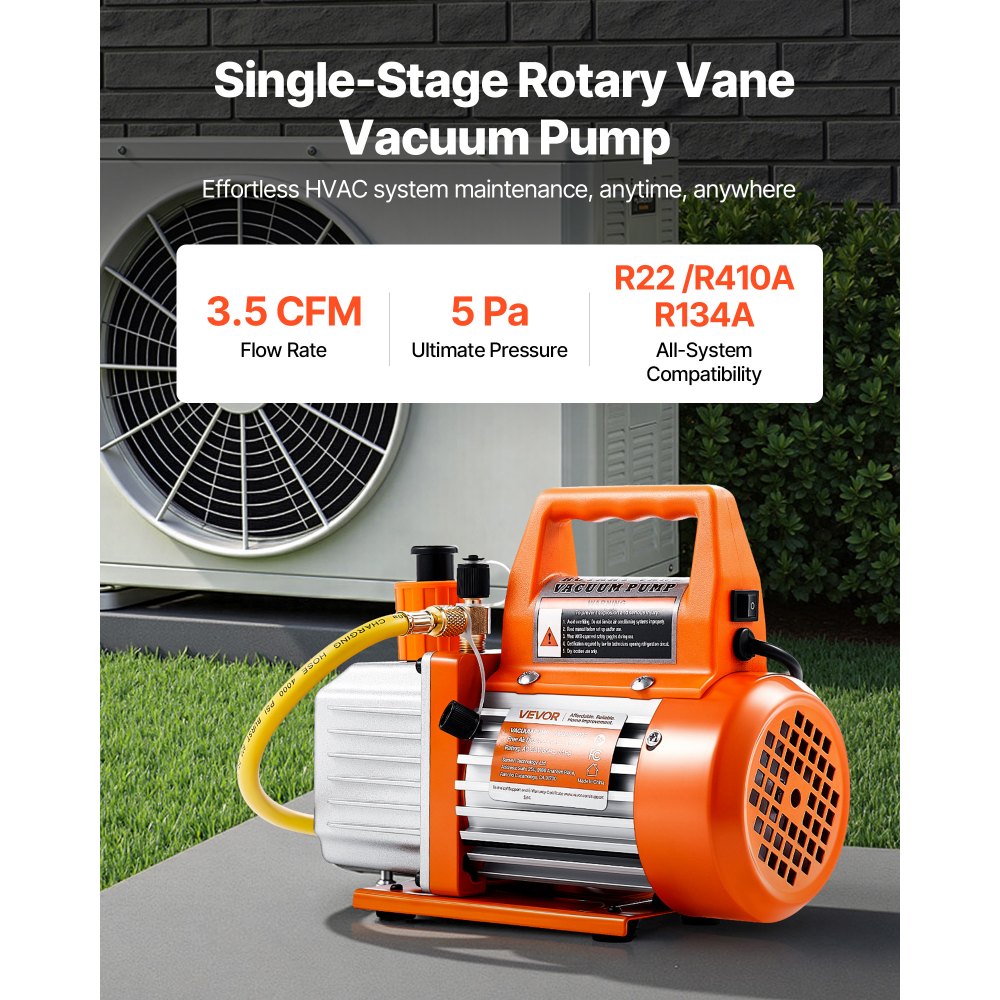 VEVOR Vacuum Pump, 3.5 CFM 1/4 HP, HVAC Single Stage Rotary Vane AC Vacuum Pump, for R134a R22 R410a Systems, with Oil Bottle, 1720 PRM, for Automotive Air Conditioner Maintenance Resin Degassing