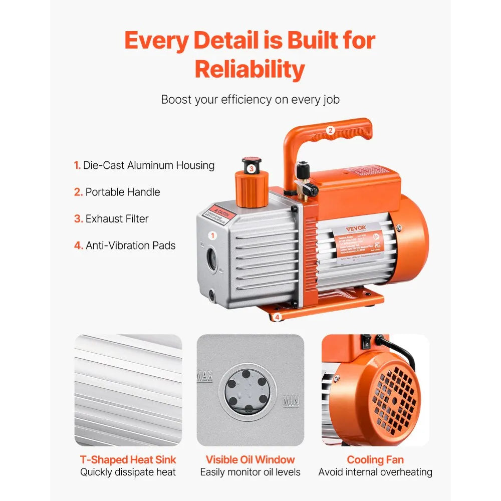 VEVOR Vacuum Pump, 6 CFM, HVAC 2 Stage Rotary Vane Vacuum Pump, for R134a R22 R410a Systems, Auto AC Vacuum Pump Kit with Oil Bottle, for Automotive Air Conditioner Maintenance Resin Degassing