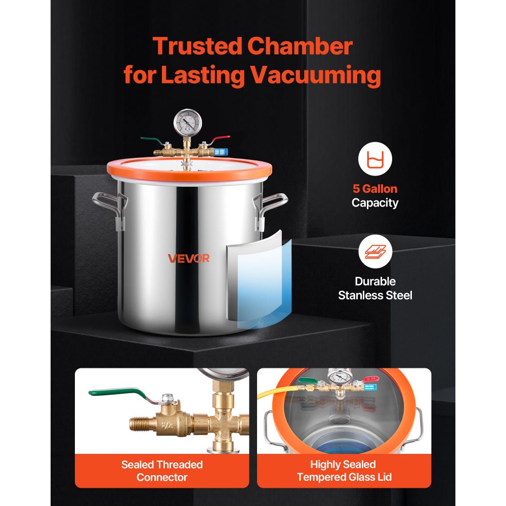 VEVOR 5 Gallon Vacuum Chamber with Pump, 3.5 CFM, Single Stage Vacuum Pump, Stainless Steel Degassing Chamber Kit with Tempered Glass Lid, 5 ft Hose, for Stabilizing Wood Degassing Silicone Resin