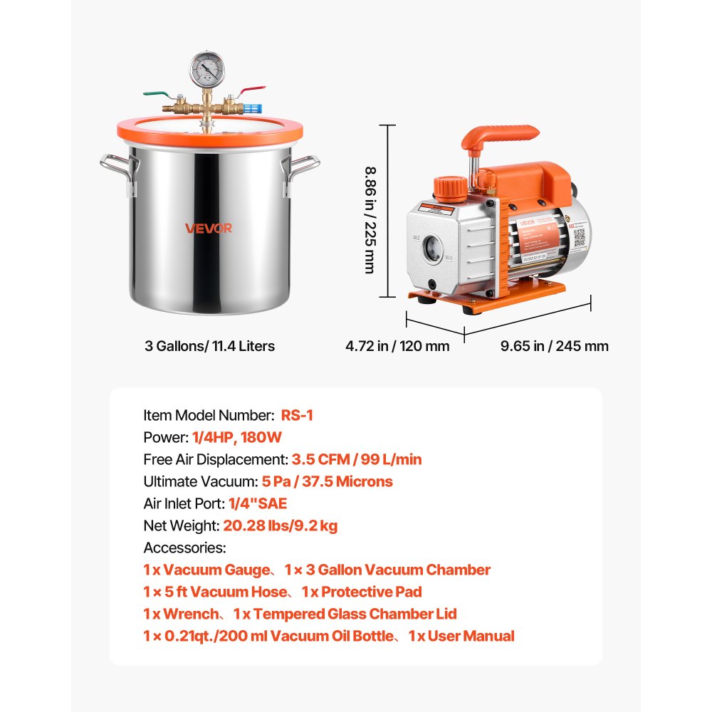 VEVOR 3 Gallon Vacuum Chamber with Pump, 3.5 CFM, Single Stage Vacuum Pump, Stainless Steel Degassing Chamber Kit with Tempered Glass Lid, 5 ft Hose, for Stabilizing Wood Degassing Silicone Resin
