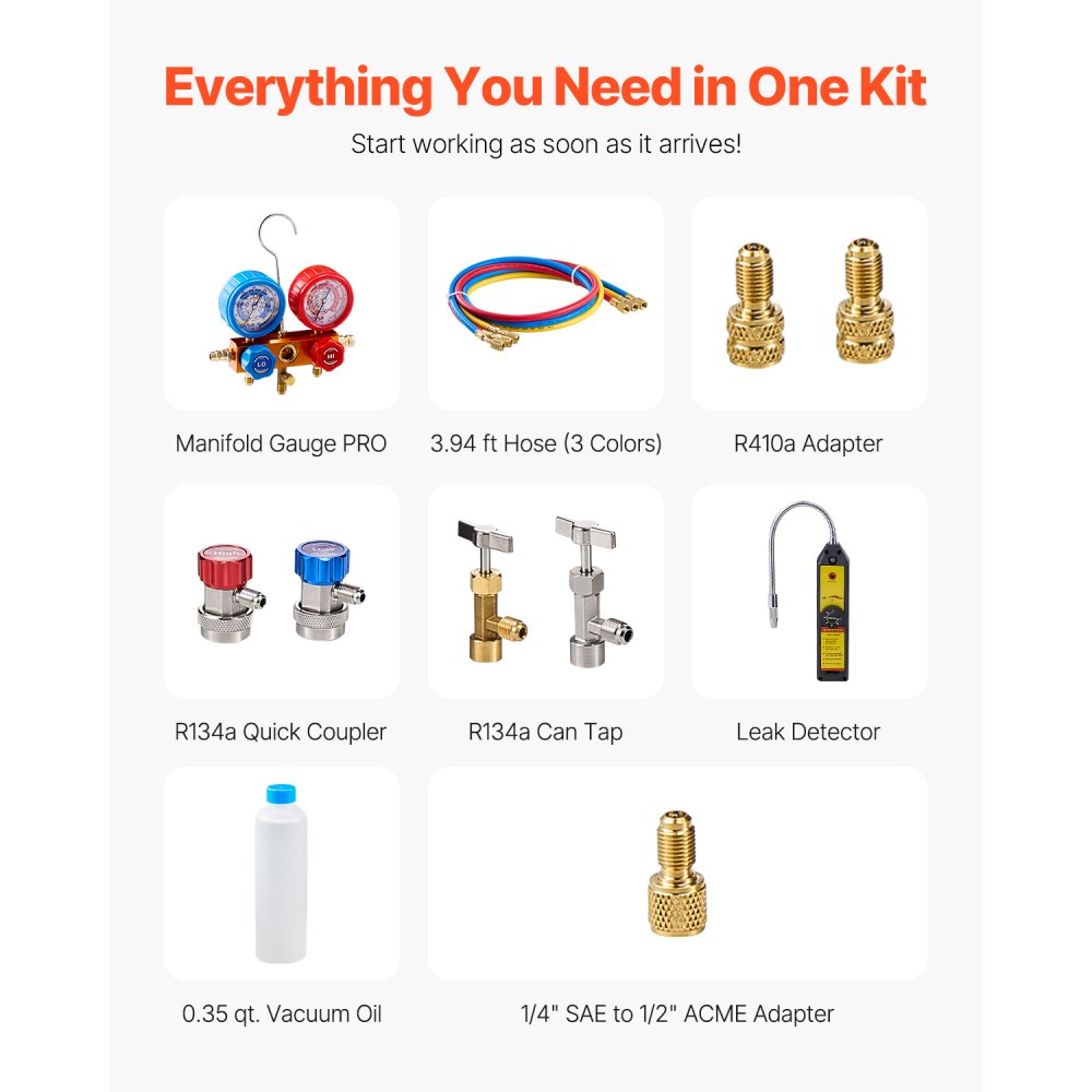 VEVOR 4.5 CFM AC Vacuum Pump and Gauge Set, Single Stage Rotary Vane HVAC Air Vacuum Pump, A/C Refrigerant Manifold Gauge Kit, with Leak Detector Hoses, for R134a, R12, R22, R502a, R410A, R404, R407C