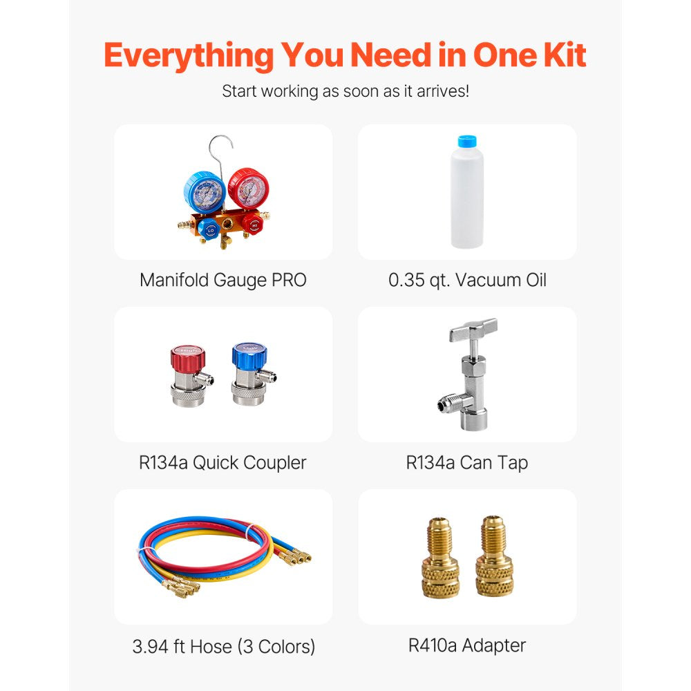 VEVOR 3.5 CFM AC Vacuum Pump and Gauge Set, Single Stage Rotary Vane HVAC Air Vacuum Pump, A/C Refrigerant Manifold Gauge Kit, with Hoses, for R134a, R12, R22, R502a, R410A, R404, R407C Refrigerants