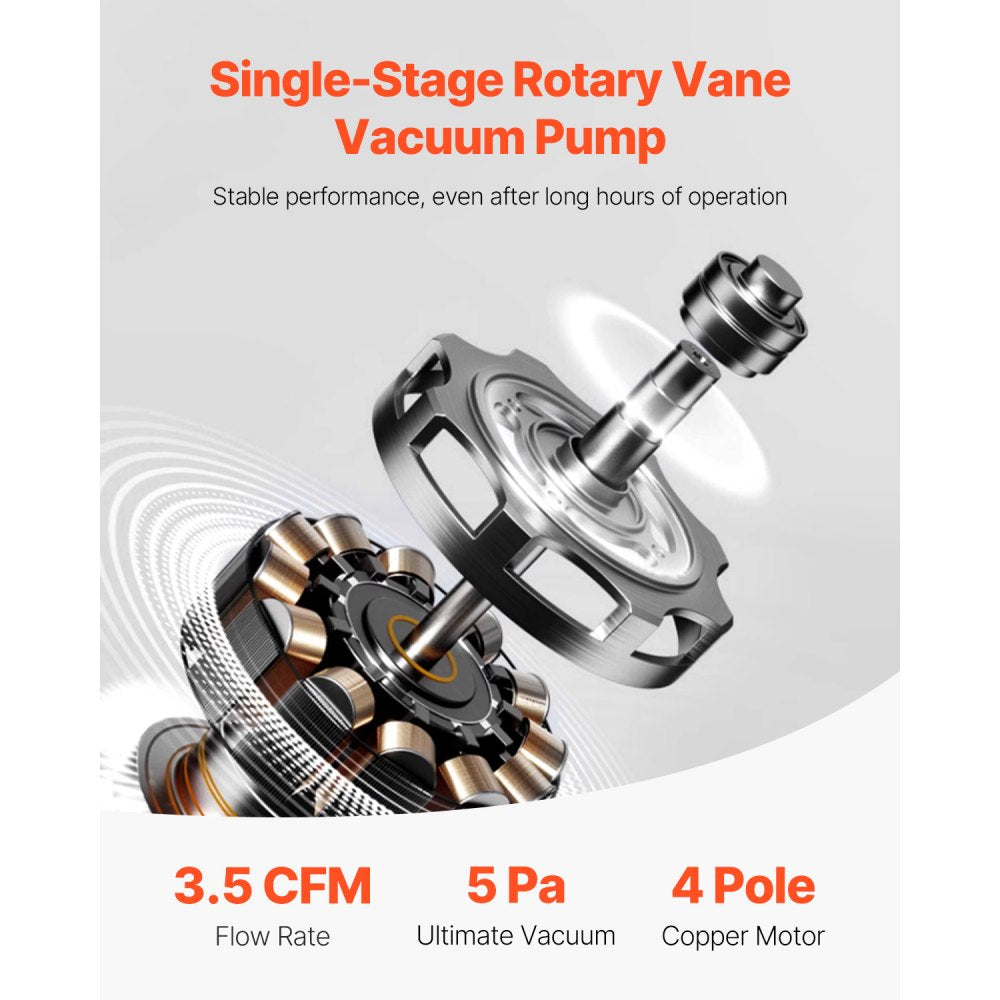 VEVOR 3.5 CFM AC Vacuum Pump and Gauge Set, Single Stage Rotary Vane HVAC Air Vacuum Pump, A/C Refrigerant Manifold Gauge Kit, with Hoses, for R134a, R12, R22, R502a, R410A, R404, R407C Refrigerants